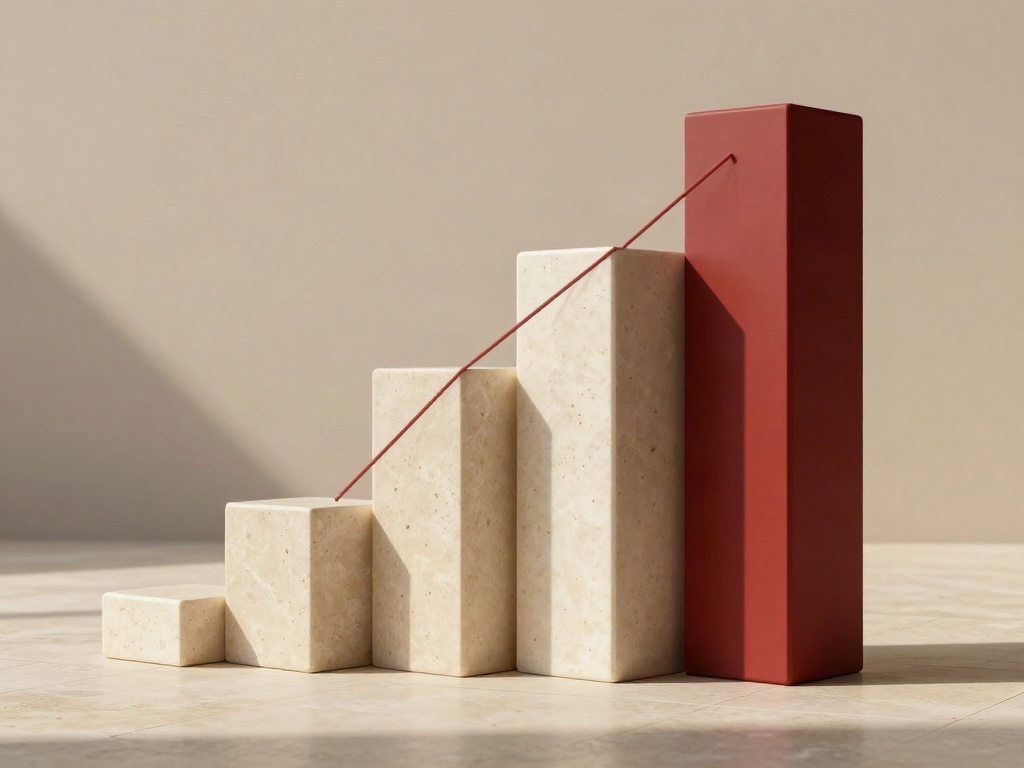 Sculptural limestone columns rise toward a vermilion peak, representing a clear path to business growth.